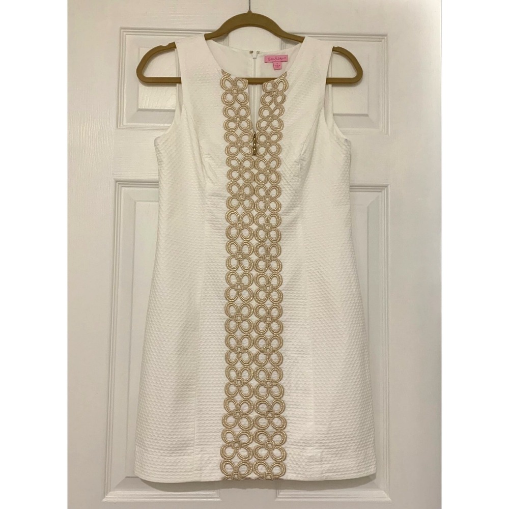 Lilly Pulitzer Mila Zip Front White Shift Dress 4 Gold Lace Textured Cotton